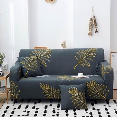 Golden Leaves Grey Nordic Print Sofa Cover Slipcover Stretch Elastic Spandex/Polyester Chair Loveseat L Shape Sofa Protector