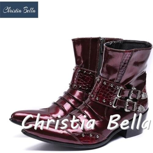 Christia Bella Autumn Winter Buckle Strap Men Shoes Genuine Leather Boots Fashion Pointed Toe Boots Big Size Zipper Ankle Boots