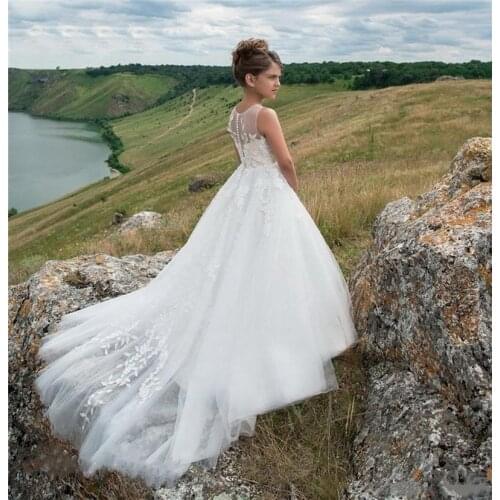 Flower Girl Dresses Princess Soft Tulle White Puffy Lace Applique Girls Pageant Dress First Holy Communion Party Dresses