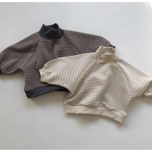 Korean Childrens Clothing 2020 Winter New Childrens Fleece Turtleneck Comfortable Striped Sweatshirt Korean Style Baby T Shirt