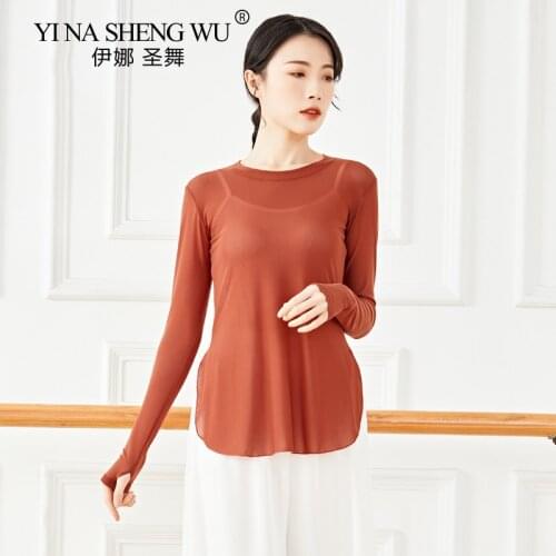 Women Modern Dance Top Long Sleeve Mesh Shirt With Finger Hole Light Weight Professional Sexy Classical Dancer Practice Wear 3XL