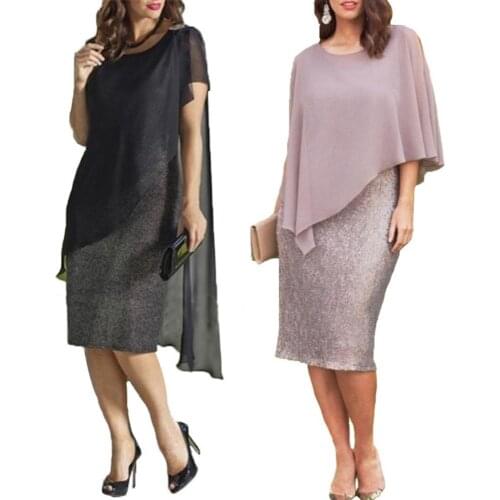 Elegant Women Party Dress Plus Size O-Neck Chiffon Patchwork Double Layer Midi Pencil Dress Sexy Slim Summer Ladies Vestidos