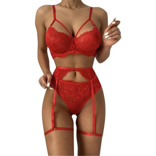 Erotic Lingerie Woman Red Lace Bra Thong Lingerie Set with Garter Sexy Underwear Transparent Sexy Costume Lenceria Sensual Mujer