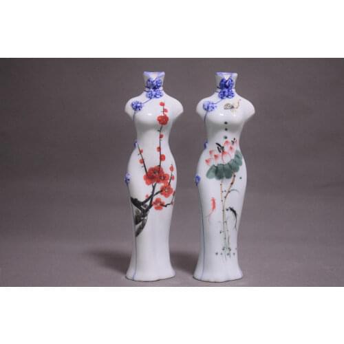 2pcs collect rare China Hand-painted flower cheongsam porcelain vase