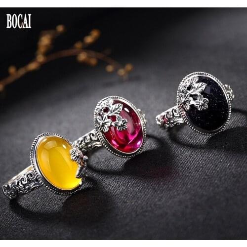 925 silver red corundum pulp blue sandstone open lady style restoring ancient ways of high-grade ring
