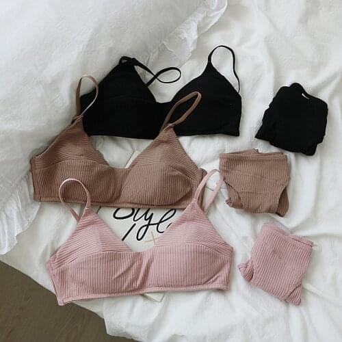 Wriufred Pure cotton no steel ring bra set thin non-bump underwear comfortable and natural showing small breasts lingerie sets