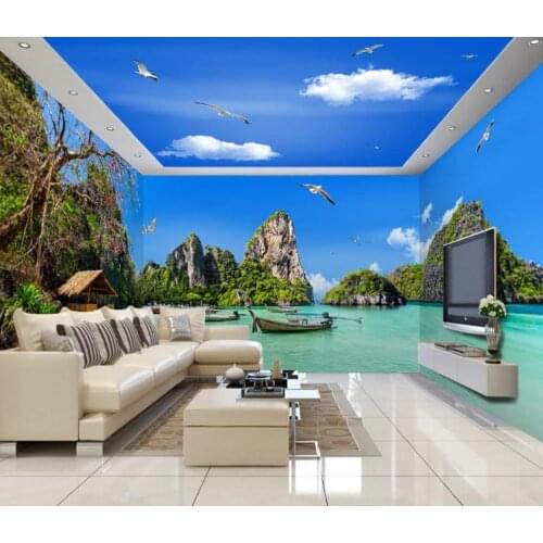 Beautiful Seaside Scenery Distant Mountain theme space whole house Wallpaper 3D photo wallpaper Mural wallpaper backdrop Decor
