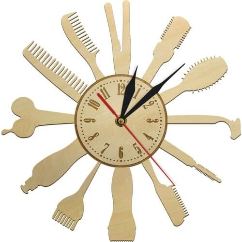 Beauty Hair Salon Natural Wood Wall Clock Barber Tools Timepieces Quartz Movement Wooden Wall Decoration Gift
