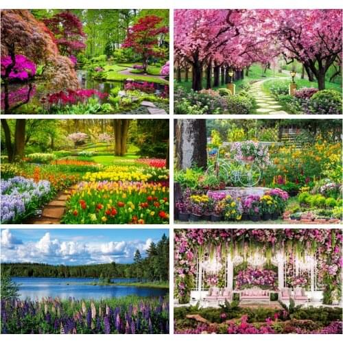 Laeacco Natural Backdrops Green Tree Flowers Lake Park Garden Way Beautiful View Photographic Background Photocall Photo Studio