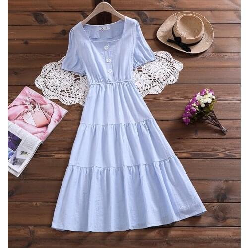 Literature Art Small Fresh Cotton Linen Dress Summer 2020 Mori Girl Was Thin Temperament Long Over The Knee Short Sleeves Dress