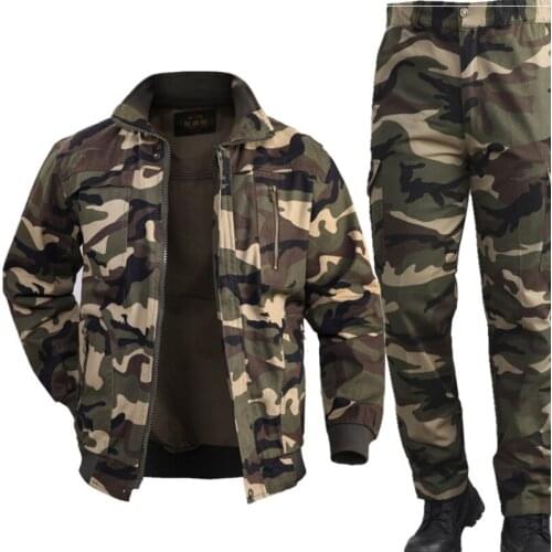 Mens Cotton Military Jacket Cargo Pants Set Man Tactical Camouflage Multicam Combat Uniform Bomber Soft Winter Outdoor Workwear