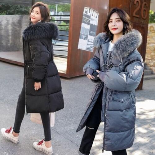 New 2020 Winter Long Cotton Coat Female Korean Version Drawstring Big Fur Collar Thick Down Cotton Coat Jacket Female M-3XL