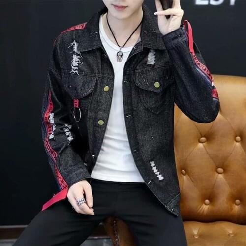 New Mens Retro Holes Denim Jacket Long Sleeve Coats Washed Jeans Jackets Single Breasted Hip-hop Coats Size S-XXL K37