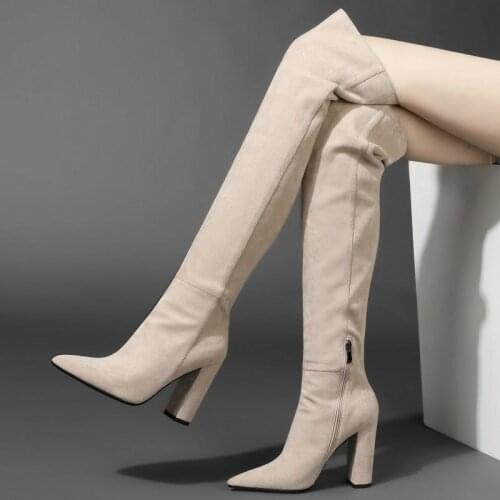 Ladies New Thigh Boots Square High Heel Pointed Over-the-Knee Boots Female Autumn Winter Fashion Zipper Faux Suede Womens Shoes
