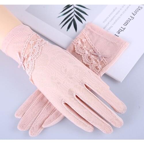 Womens Summer Bow-knot Outdoor Touch Screen Finger Gloves Ice Silk Lace Sunscreen Non-slip Driving Gloves
