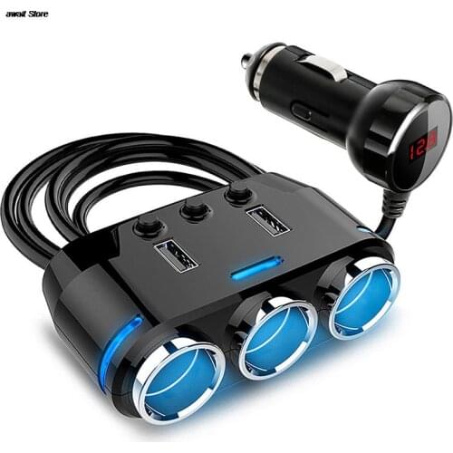 9.2*5.2*3.2cm 3Way Cigarette Lighter Socket Splitter Power Adapter Dual USB Car Charger 12/24V