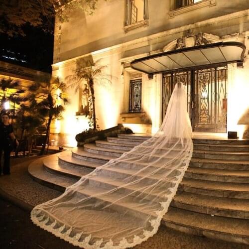 7M Luxury 1T Cathedral Wedding Veil Lace Edge Long White Ivory Veil with Comb