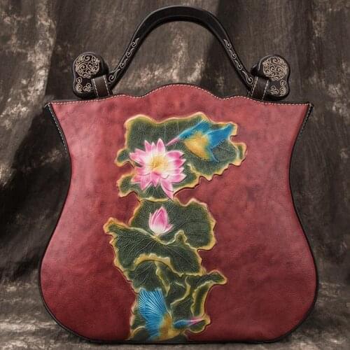 Retro Luxury Handbags Women Bags Designer 2021 Spring Ladies Casual Tote Genuine Leather Handmade Embossing Floral Shoulder Bags