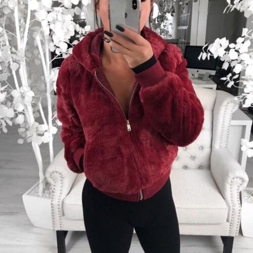 2020 Winter New Women Faux Fur Coat Hooded Warm Soft High Waist Fashion Black Red White Faux Fur Jacket Fake Rabbit Fur Coats