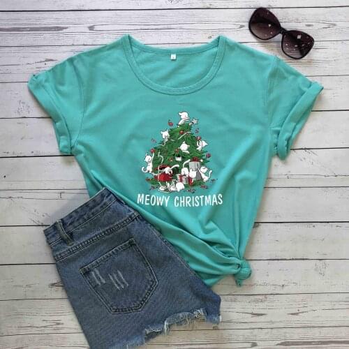 Merry Christmas tree funny graphic cat lover cute women fashion unisex pure cotton holiday t shirt youngs girl gift tees tops