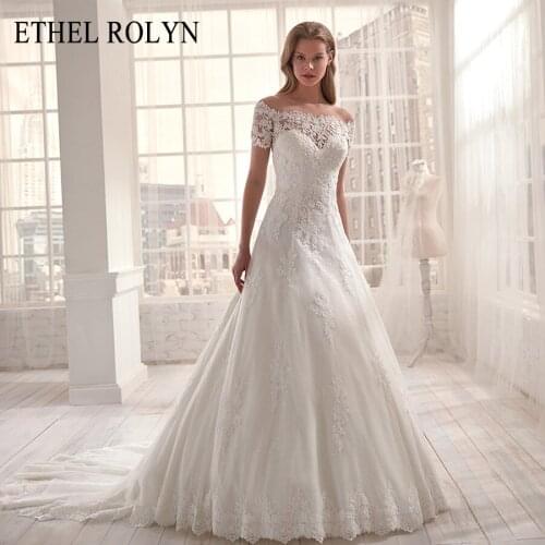 ETHEL ROLYN Boat Neck Vintage Wedding Dress 2021 Romantic Appliques Off the Shoulder Short Wedding Gowns A-Line Vestido De Noiva