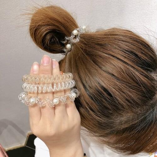 3Pcs/Pack Set Women Gold Silver Color Telephone Wire Line Pearl Twist Braided Rubber Spiral Shape Elastic Hair Band Hair Ties