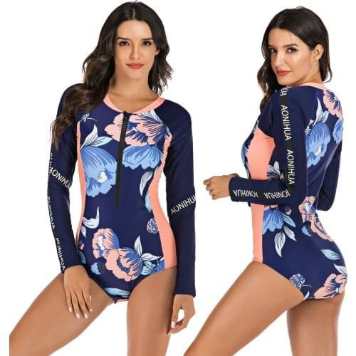 2020 New Rashguard Diving One Piece Swimsuit Print Long Sleeve Women Swimwear Bathing Suit Rash Guard Surfing Swimming Suit