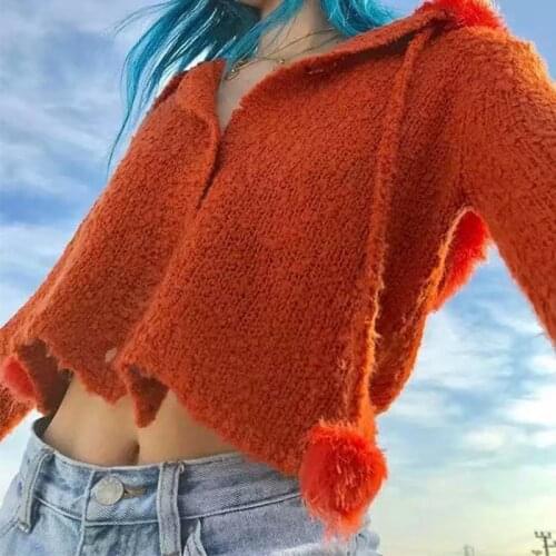 Furry Knit Sweater Hooded Pom-Poms Drawstring Soft Crop Orange FUKU CARDIGAN Women Aesthetic e-Girl Y2K Casual Streetwear