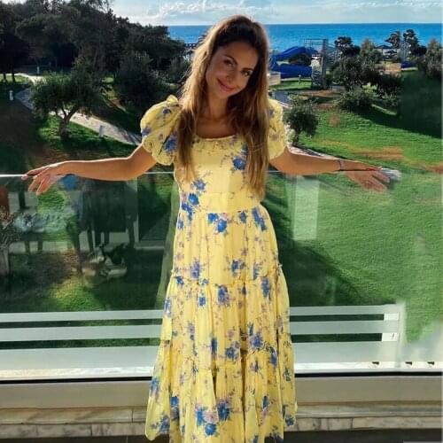 Foridol Ruffle Puff Sleeve Floral Print Dress for Women Vintage Summer Maxi Long Dress Yellow Boho A-line Beach Hooliday Dress