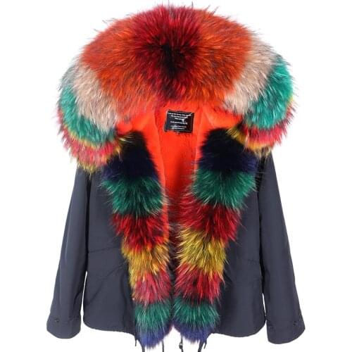 Women Coat Natural fur coat Real Raccoon Fur Collar Parkas Faux Fur Lining Short Jacket Winter Clothes Women