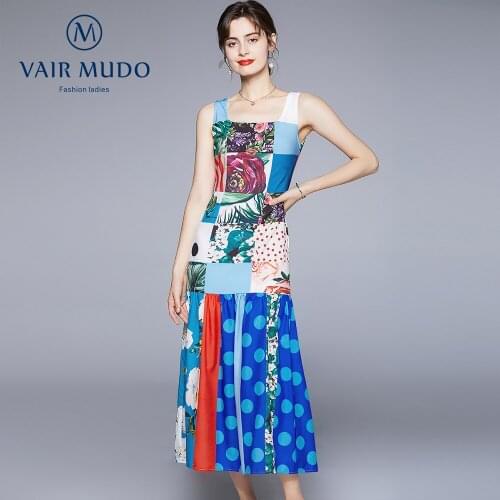 2021 New Women Dress Catwalk Style Square Neck Polka-Dot Color-Blocking Print Slim Long Skirt Dress Female Y-88