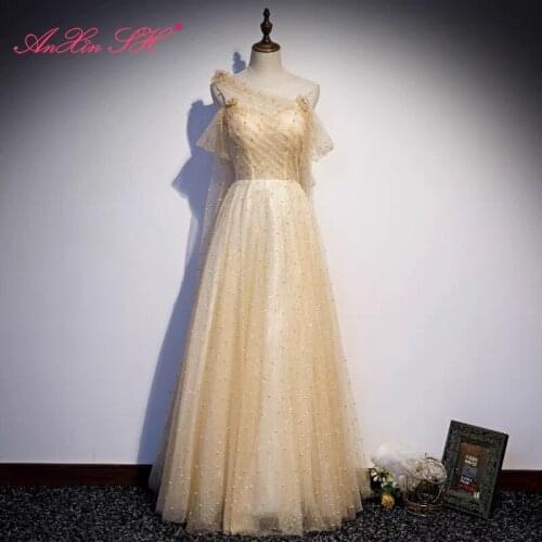 AnXin SH princess golden flower lace evening dress vintage one shoulder beading pearls sparkly a line bride evening dress