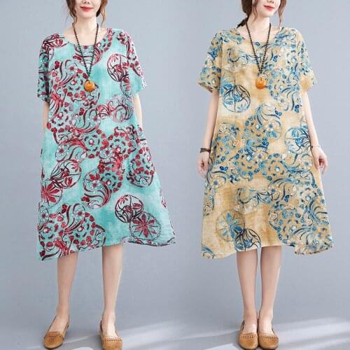 2021 New Arrival Thin Soft Cozy Loose Summer Dress Print Floral Vintage Women Dress Holiday Travel Casual Beach Style Midi Dress