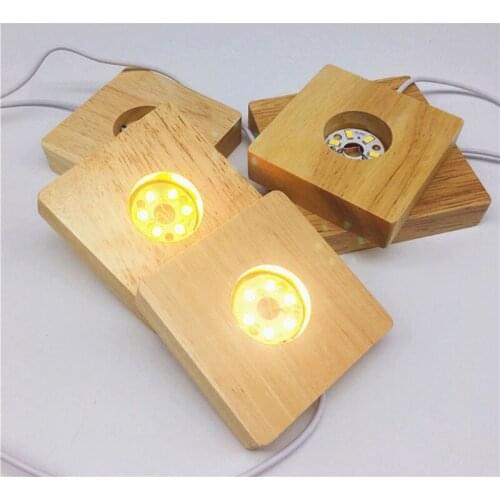 2 Pcs Wood LED Light 3D Crystals Glass Resin Art Dispaly Base Ornaments Night Lamp Base Stand