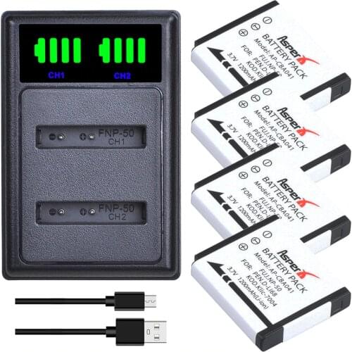 AsperX 4Pcs FNP50 NP-50 NP50 Batteries + LED USB Dual Charger for FUJIFILM for Pentax D-Li68 for KODAK KLIC-7004 K7004 Camera