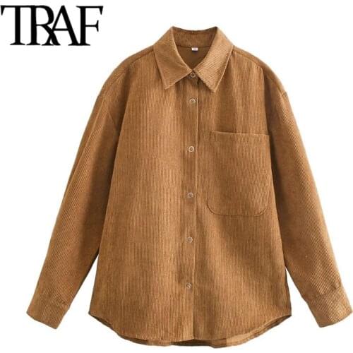 TRAF Women Fashion With Pockets Oversized Corduroy Blouses Vintage Long Sleeve Snap-button Female Shirts Chic Tops
