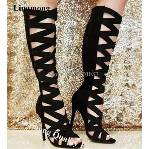 Linamong Sexy Bandage Stiletto Heel Knee HIgh Gladiator Boots Cut-out Straps Cross Elastical Long High Heel Sandal Boots