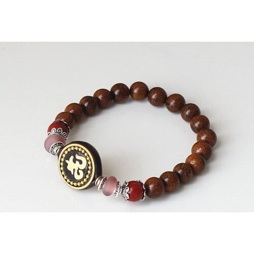 8mm Wood Beads Strand Charm Chakra Mala Women Men Bracelet Lucky Prayer Tibetan Buddhist Scripture OM Mala Bracelet