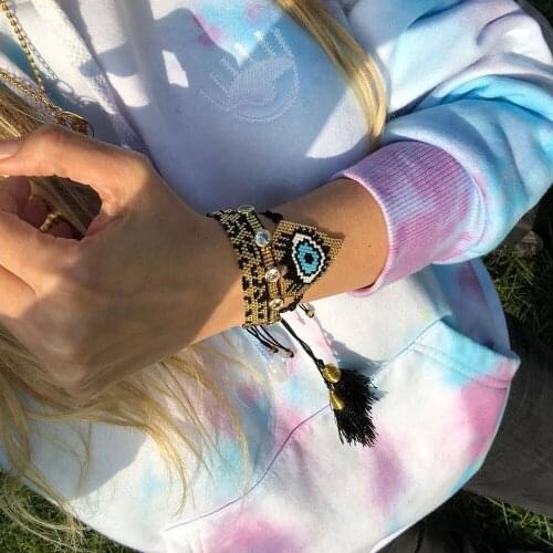 Personality Ethnic Style Beaded Eyes Inlaid Zircon Couple Set Rice Beads Hand-woven Leopard Bracelet Bangles for Women Gift