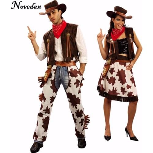 Adult Western Cowgirl Cowboy Costume Dress With Hat Carnival Halloween Party Sexy Outfit Cosplay Costumes For Women Men