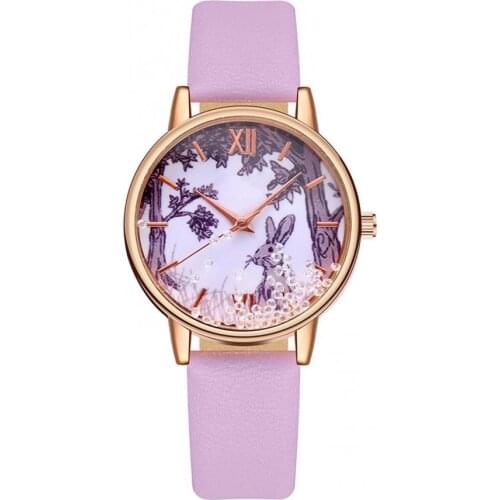 40%HOT Rhinestones Women Quartz Watch Rabbit Pattern Quicksand Faux Leather Wristwatch