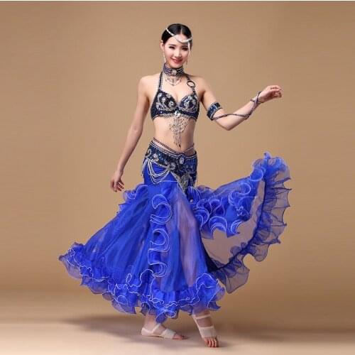 2018 Performance Belly Dance Costume Outfit Set 3pcs Bra Top & Belt Hip Scarf & Skirt Bollywood Colour