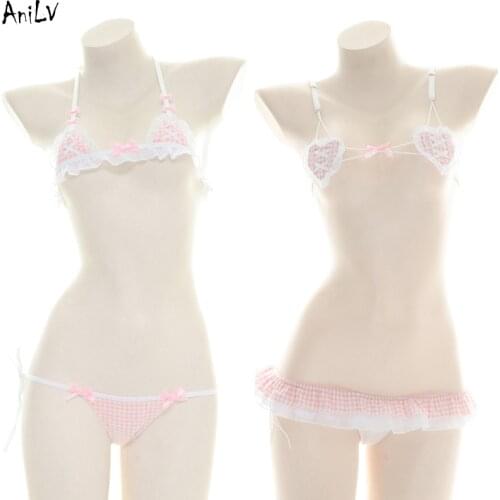 AniLV Beach Girl Pink Plaid Maid Bikini Swimsuit Costume Anime Lolita Student Swimwear Uniform Pool Party Cosplay