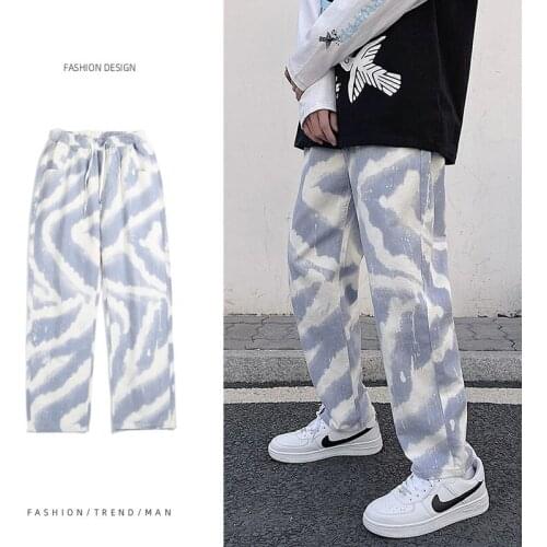 Men Tie Dye Jeans Hip Hop Casual Wide Leg Pants Elastic Waist Street Loose Trousers Blue Baggy Male Straight Pant Spring Summer