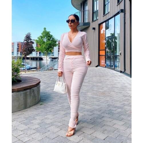 Ueteey New Two-piece V-neck Solid Sexy Party Night Club Wear Women Pant Set