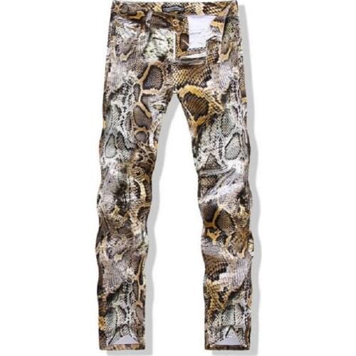 New Fashion Mens Snakeskin Printed Jeans Slim Fit Skinny Night Club DJ Trousers Pants Slacks For Male Plus Size Men Pants Jeans