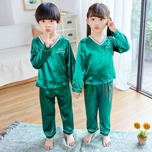 New Spring Girls Pajamas Set home Clothes Sleepwear Silk Fabric Children Autumn Pajamas Clothes Set Boy Nightwear Kids clothing