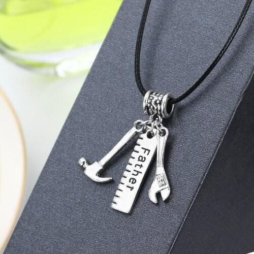 Rular Father Hammer Wrench Tools Charms Leather Necklace for Fathers Jewelry Gifts Family Pendants Dad