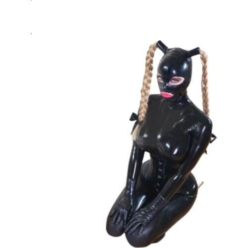 Sexy Black Women Latex Rubber Catsuit Party Bodysuit with Latex Corset Latex Hood Braid Customize