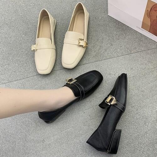 Spring Autumn Women Leather Shoes Square Toe Buckle Loafers Oxford Shoes Woman Flats Black Mules Low Heels Casual Shoes 8984N